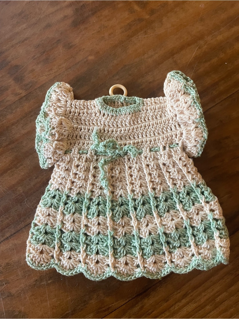 Vintage Handcrafted Crocheted Baby Dress Kitchen hot pad  - Cream & Sage Green
